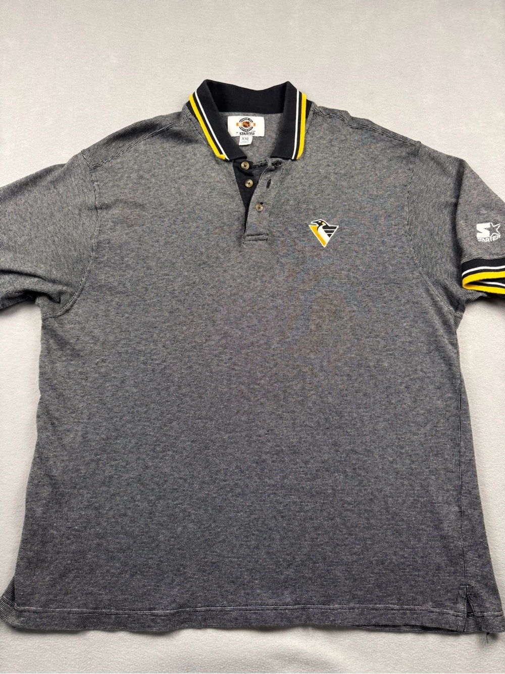 Vtg STARTER Pittsburgh Penguins Polo Shirt XXL Gray Embroidered Logo NHL Hockey